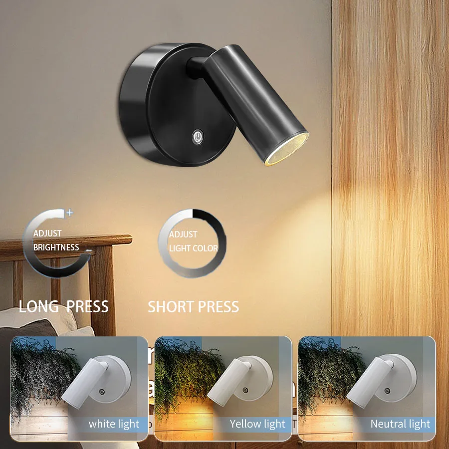 LED Night Light, Indoor USB-Rechargeable Night Light, Three-Color Wall Light, Touch Switch, Decorative Wall Light for Rooms