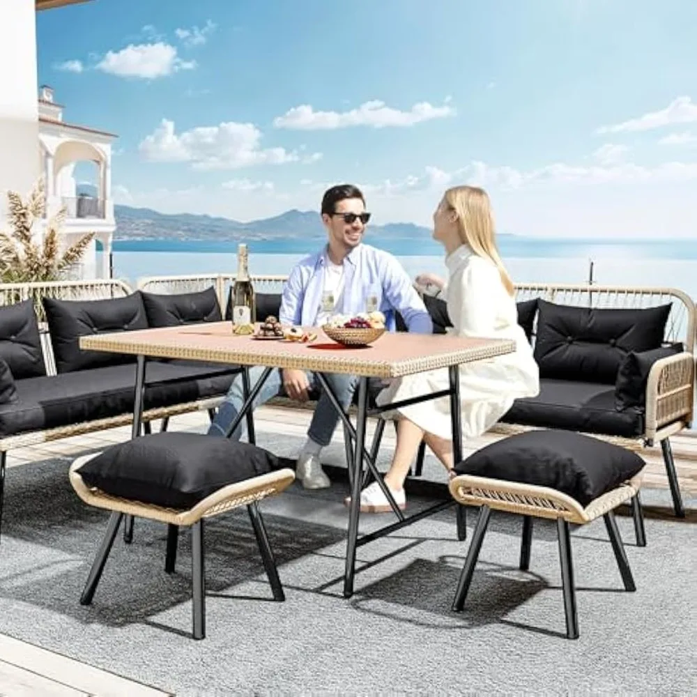 Patio Wicker L-Shaped Furniture Set, All-Weather Rattan Outdoor Conversation Sofa Set for Backyard Deck with Soft Cushions
