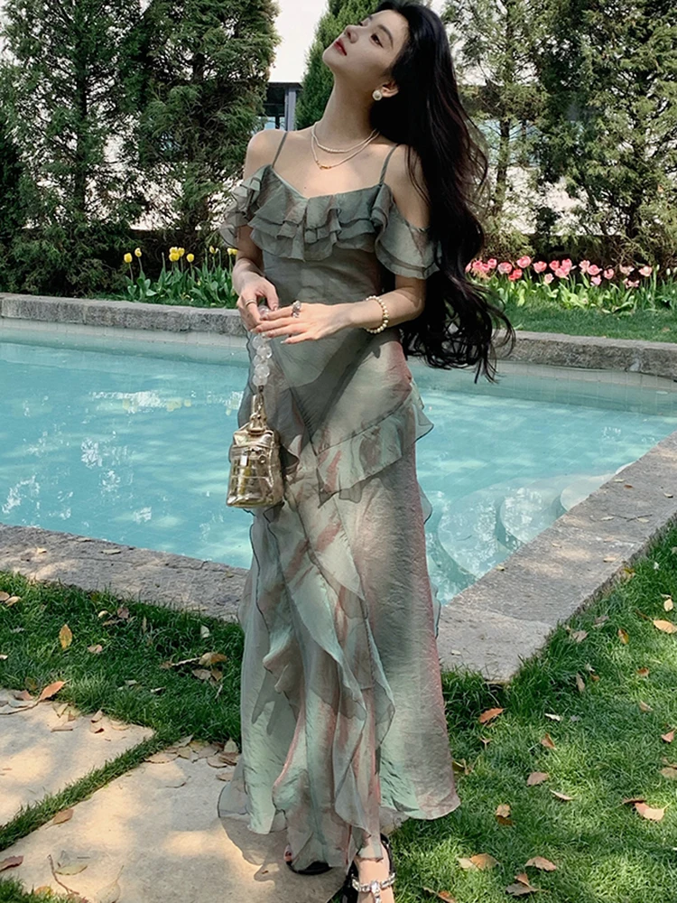 여성 그린 패치워크 러플 V넥 슬링 섹시 드레스 2025 한국 빈티지 럭셔리 댄스 파티 드레스 여름 우아한 이브닝 드레스