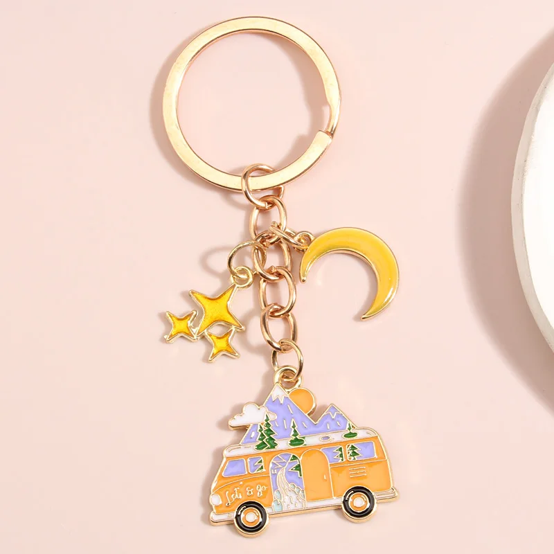 Enamel Keychain Moon Star Sightseeing Bus Key Ring Camping Key Chains For Camper Handmade Jewelry Gifts