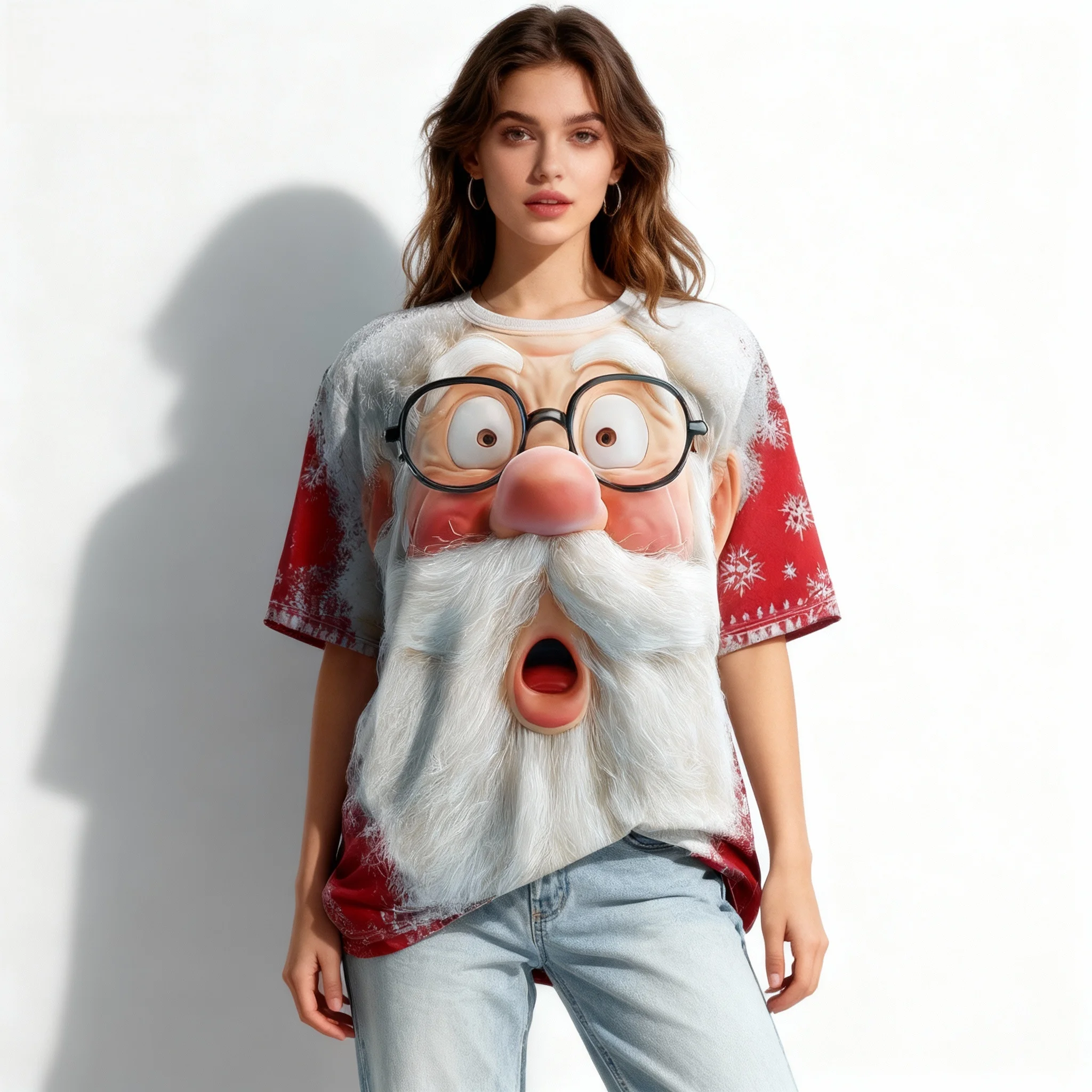 New Christmas 3D Parody Santa Claus T-shirt 3D Printed Round Neck Women's Adult Oversized Street Casual Daily Clothing