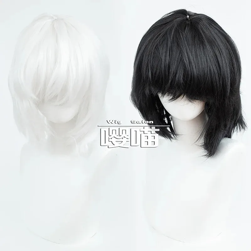 CyLuo Xiaohei Hei أنيمي أسطورة LUOXIAOHEI تأثيري أسود أبيض شعر مستعار الدعامة الشعر القصير القط كوس هدايا حفلات الهالوين كرنفال