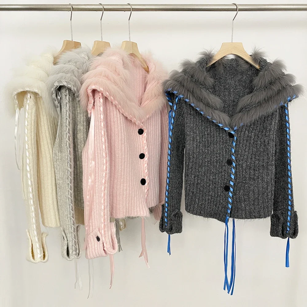 ショート丈カーディガン レディース 本物のフォックスファー ジャケット リアルファー ニットウェア 2025 ニットセーター 女性 春秋 本物のファー ニット レディース