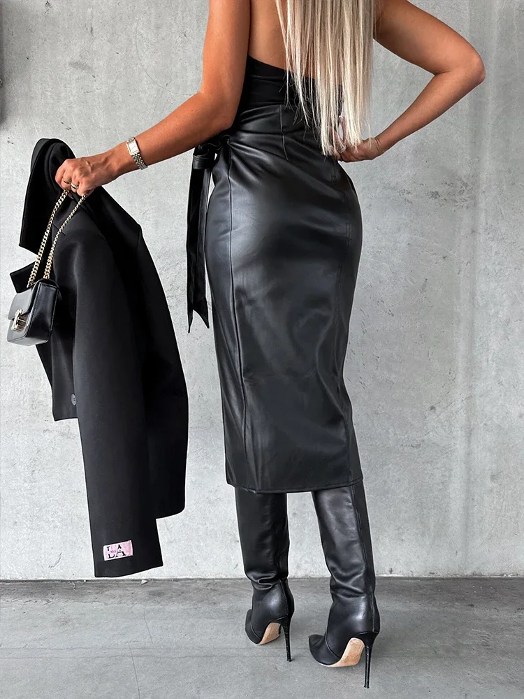 2024 Autumn Winter Women Sexy Midi Leather Skirts Solid Black High Waist Office Pencil Slit Skirt Women Bodycon Lace Up Skirt