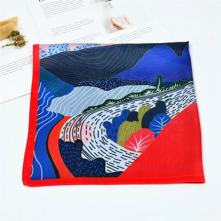 53cm Spring Silk Scarves Women Hand Painted Mountains And Rivers Summer Square Scarf Kerchief Brand Neckerchief For Ladies