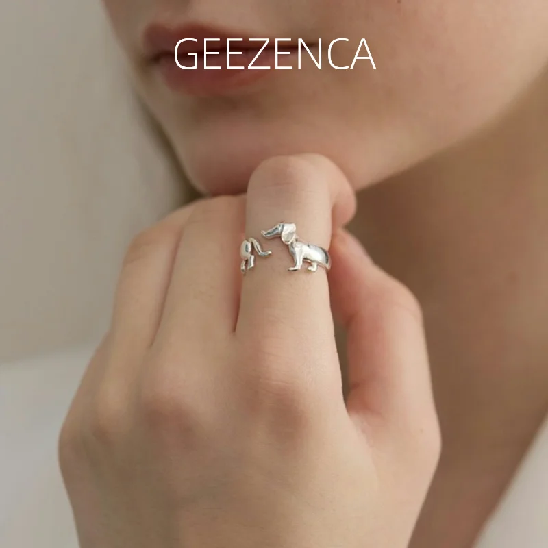 

GEEZENCA 925 Sterling Silver Dachshund Puppy Dog Shaped Resizable Rings For Women Cute Animal Unique Designer Chic Open Ring New