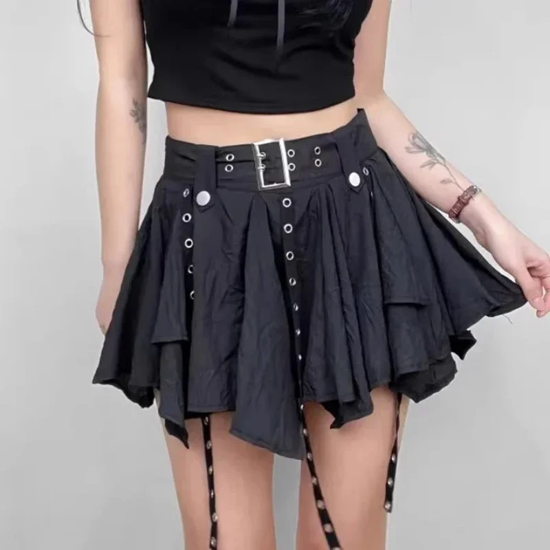 West Retro Bohemian Style Maillard Women Crumpled Layer Mini Skirt with Belt Strap Short Skirt Grunge E-Girl Y2K Acubi Outfit view 4