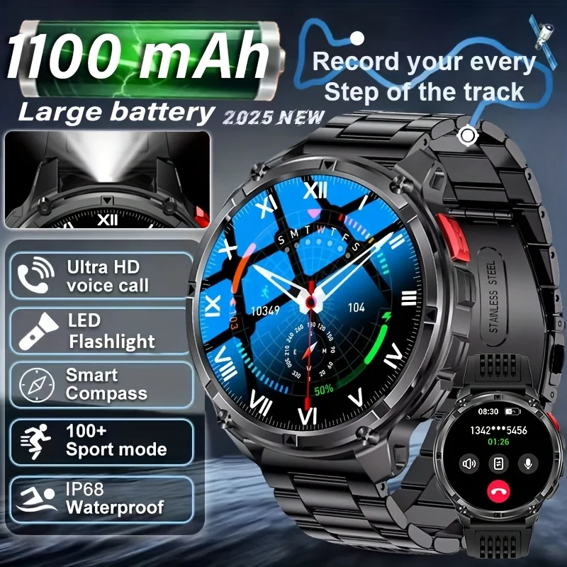 

New 1100mAh Battery Outdoor Sport SmartWatch Men LED Flashlight Message Push Heart Rate IP68 Waterproof Wireless Call Smartwatch