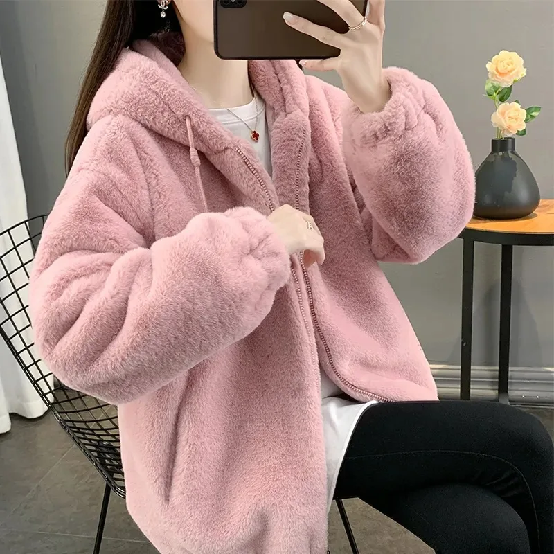 Autumn and Winter Double-Sided Long Plush Jacket Women's Loose Thickened Warm Coat with Hood Female Outerwear Coat