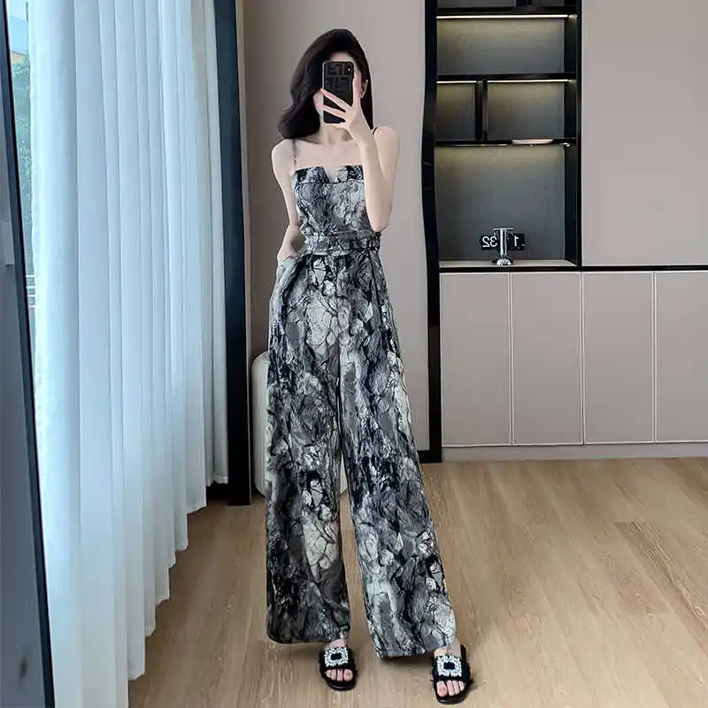 

Ele Floral Print One-Piece Pants Women's Summer New Sle Unique High Waist Wide Leg Suiting Ladylike Reduction Age