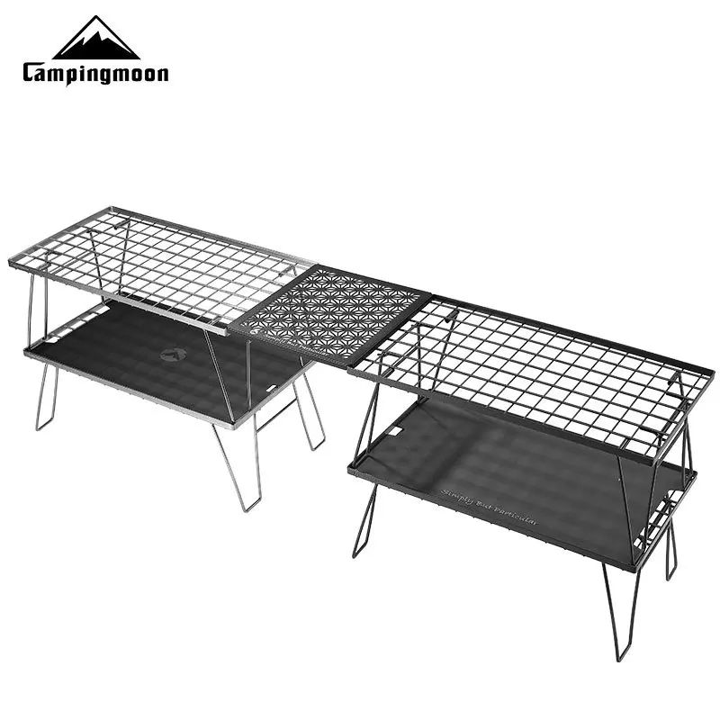 

CAMPINGMOON Стол из алюминиевого сплава 2-в-1 с верхней пластиной черного цвета с узором «конопляный лист», многофункциональный, с дополнительной подставкой для тарелок и аксессуарами