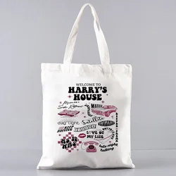 Welcome To Harry's House Pattern Canvas Tote Bag Best Gift for Harry's Fans HS Merch Essentials for Music Lover Shopping Bag