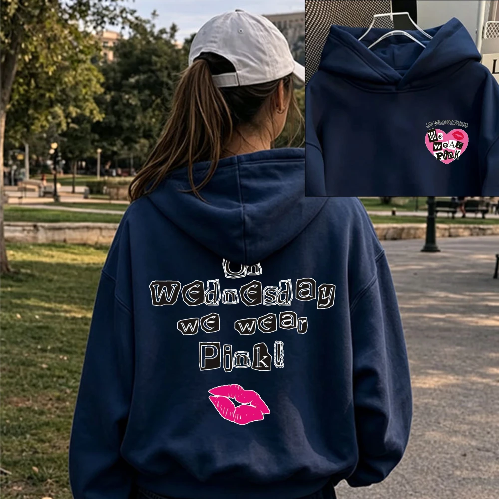 On Wednesday We Wear Hoodie Pink Lips Heart Graphic Front Back Print Pullover Casual Women Fashion Aesthetic Trendy Letter Tops view 2