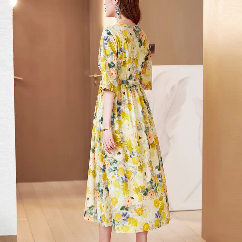 Elegant O-คอพิมพ์SplicedหลวมShirringผ้าพันคอBow Midiชุดเสื้อผ้าผู้หญิง 2025 ฤดูร้อนใหม่Office Ladyชุดดอกไม้