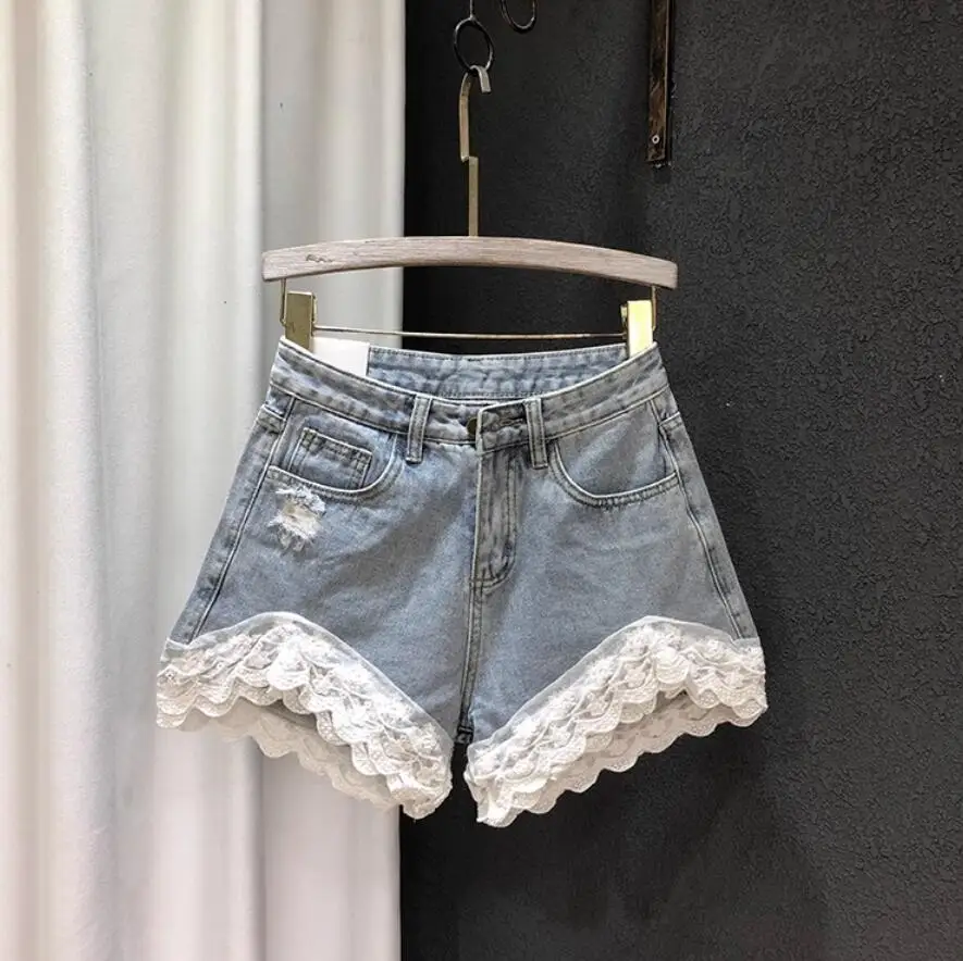 

Fashion Ripped Lace Patchwork Denim Shorts Women Summer High Waist Wide Leg A-Line Short Jeans s577