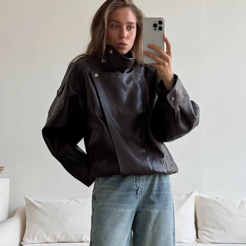 TrendixWomen Faux Leather Jacket PU Motorcycle Jacket Stand Collar Zipper Loose Short Coat Solid Spring Autumn Casual Biker Coat