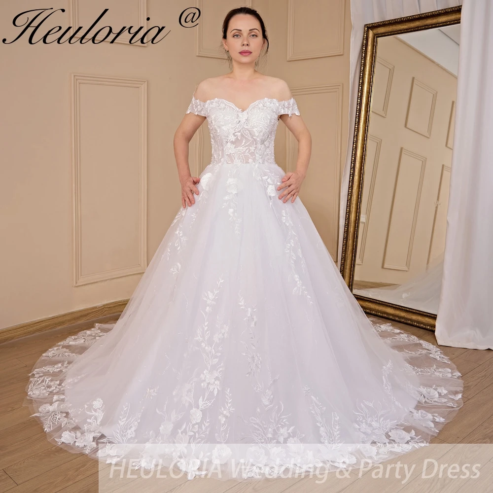 HEULORIA princess wedding dress off shoulder shinny skirt lace applique plus size white bride dress customize