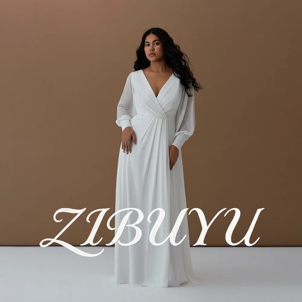 

ZIBUYU Customized A-Line Minimalist Chiffon Wedding Dress V Neck Sheer Puff Long Sleeves Beaded Waistband Open Back Bridal Gowns