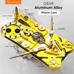 Luxury Shockproof Armor Metal Gear Stand Phone Case For iPhone 15 14 13 12 Pro Max 15Plus Aluminum Cooling Skull Compass Cover