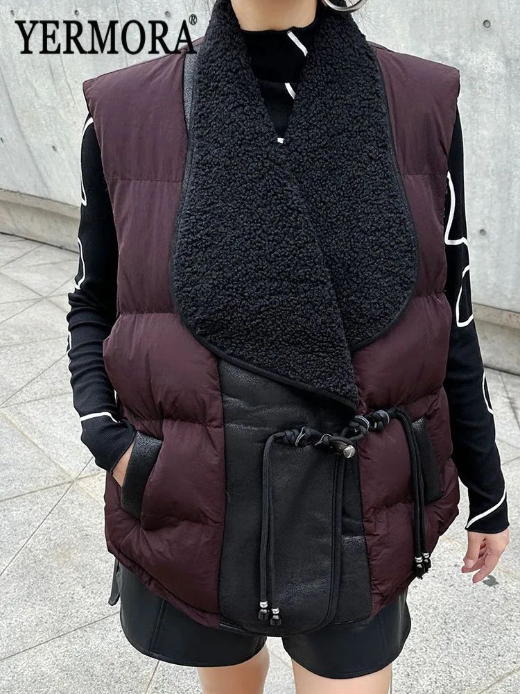 

YERMORA кофейный бандажный шерстяной жилет для женщин, свободное новое теплое пальто без рукавов с лацканами, модное пальто, осень-зима 2025