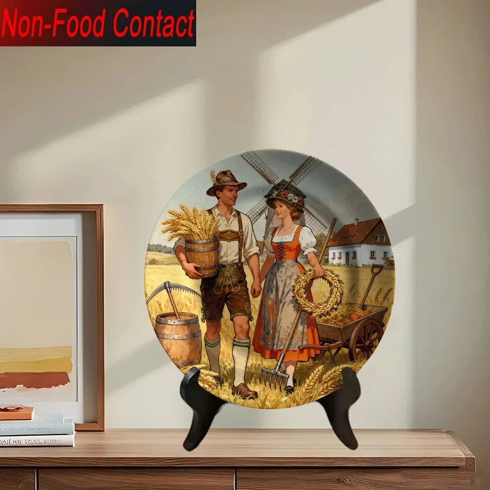 1pc German Bavarian Harvest Ceramic Decorative Plate - Non-Food Contact Round Tabletop Art with Traditional Bavarian Couple &