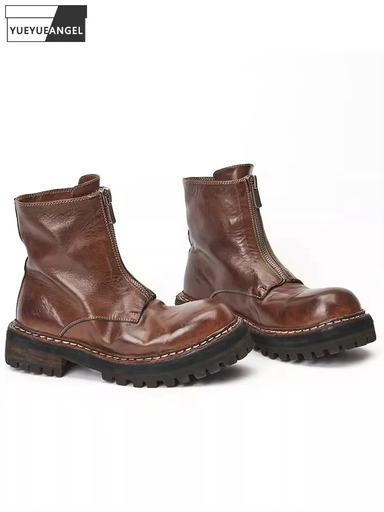 

Vintage Mens Front Zipper Real Horsehide Ankle Boots Round Toe Thick Platform High Top Shoes Motor Biker Genuine Leather Boots