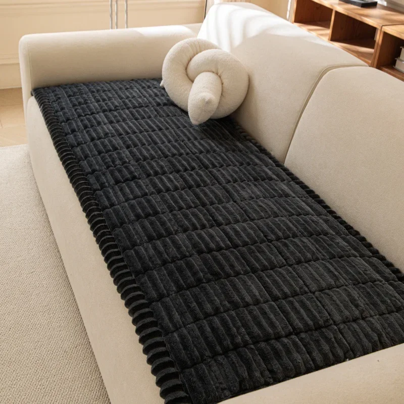 Winter Plush Thick Wide Edge Sofa Cushion Beige Straight Anti Slip Cushion Dustproof One-piece Living Room Sofa Decoration