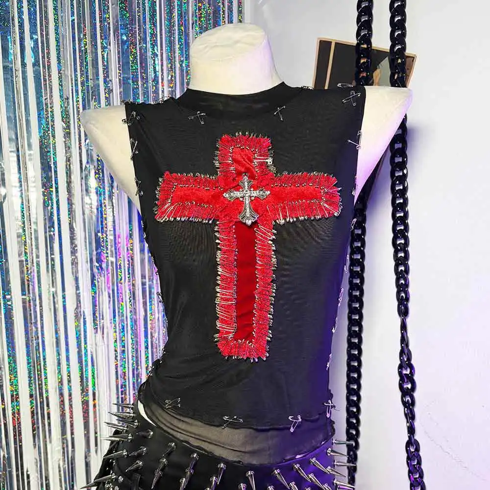 لتقوم بها بنفسك Y2K بلايز الجرونج الصليب ملابس للنادي الشرير الصخرة Harajuku 90s الشارع ارتداء E-الفتيات القوطي في سن المراهقة القوطية تانك دبوس موضة إحياء ايمو #3