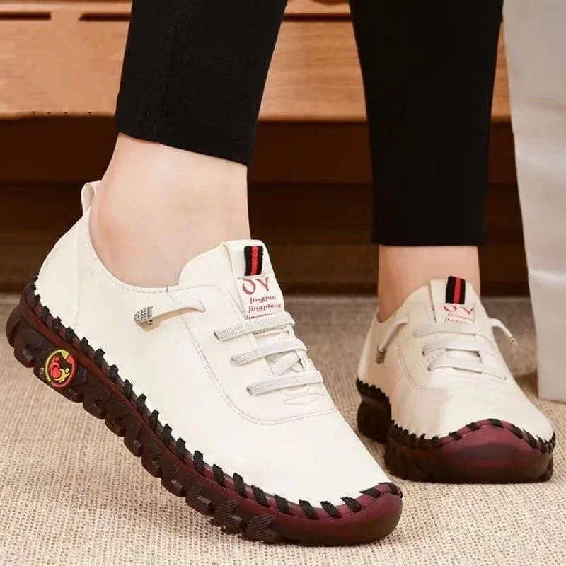 Fashion Women Casual Flats Shoes Autumn Loafers Lace Up Sneakers Solid Soft Bottom Boots Leather High-Top Sneaker Female Shoes