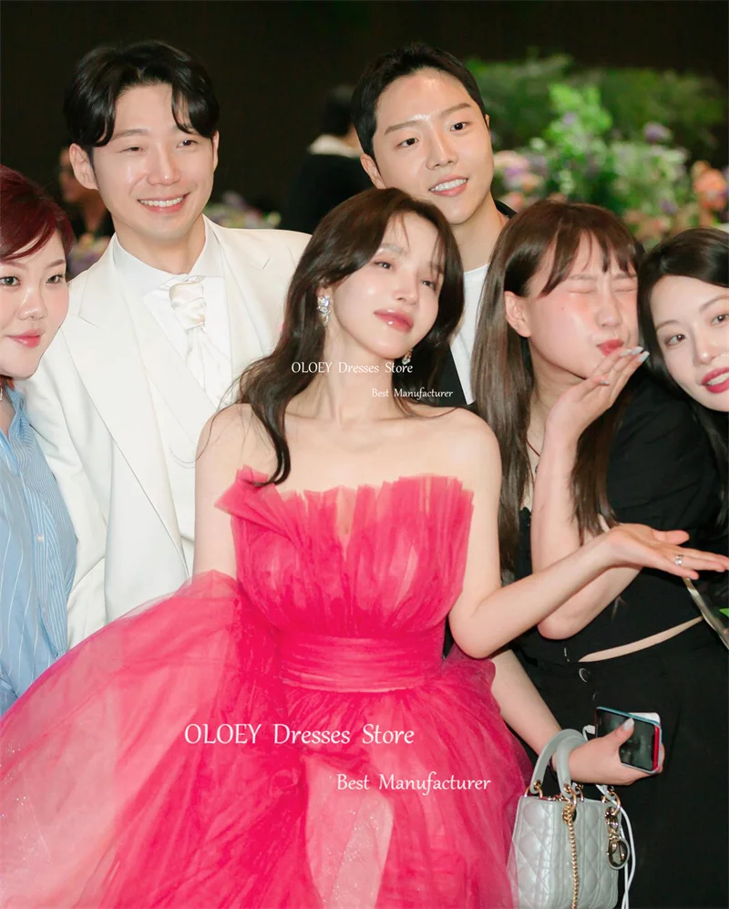 OLOEY 妖精 A ラインホットピンクチュール韓国イブニングドレス結婚式の写真撮影ストラップレスフロアレングスウエディングドレスコルセット CUSOTM