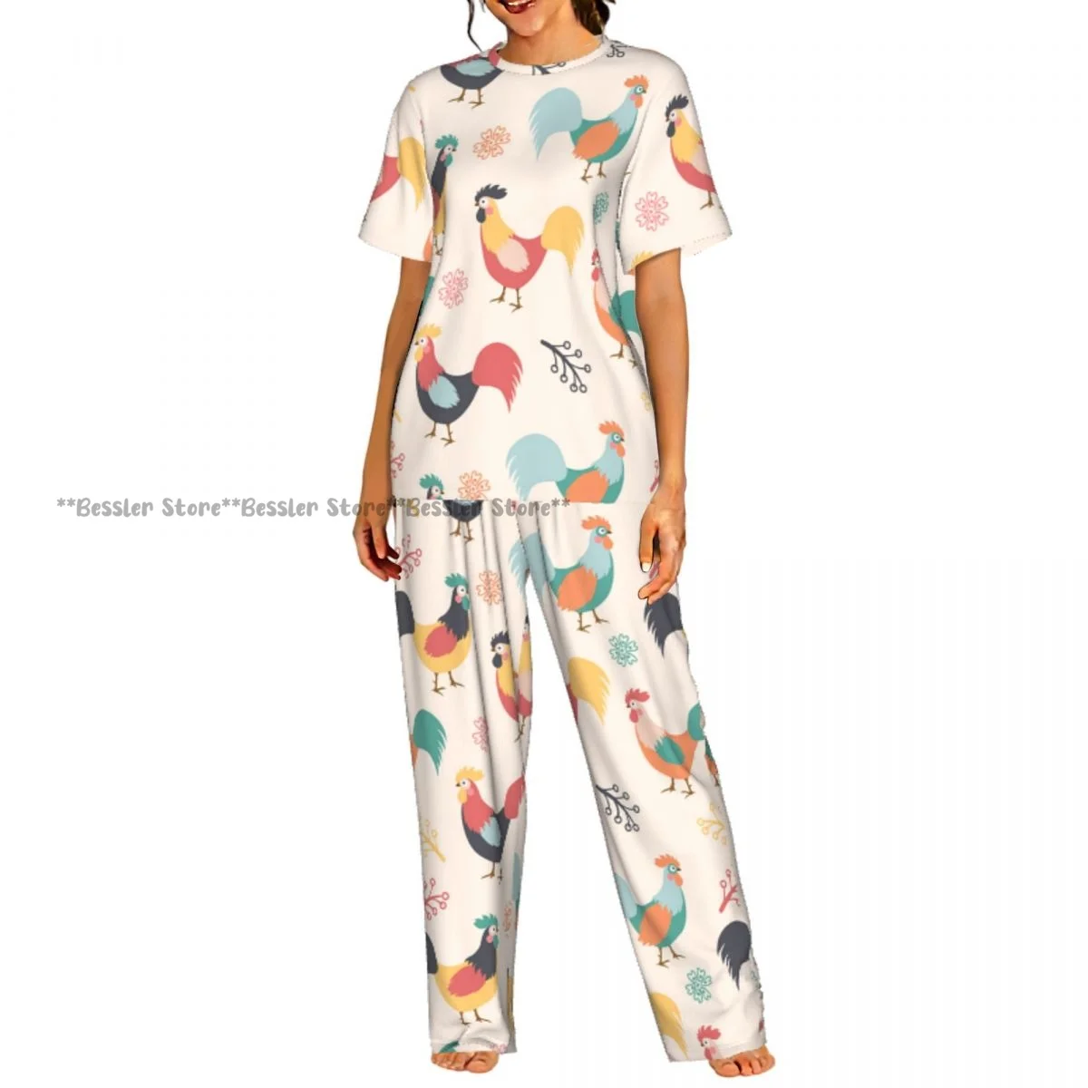 Pijamas cómodos para mujer, conjunto de ropa de dormir de manga corta con hermosos gallos, ramas y flores en el fondo