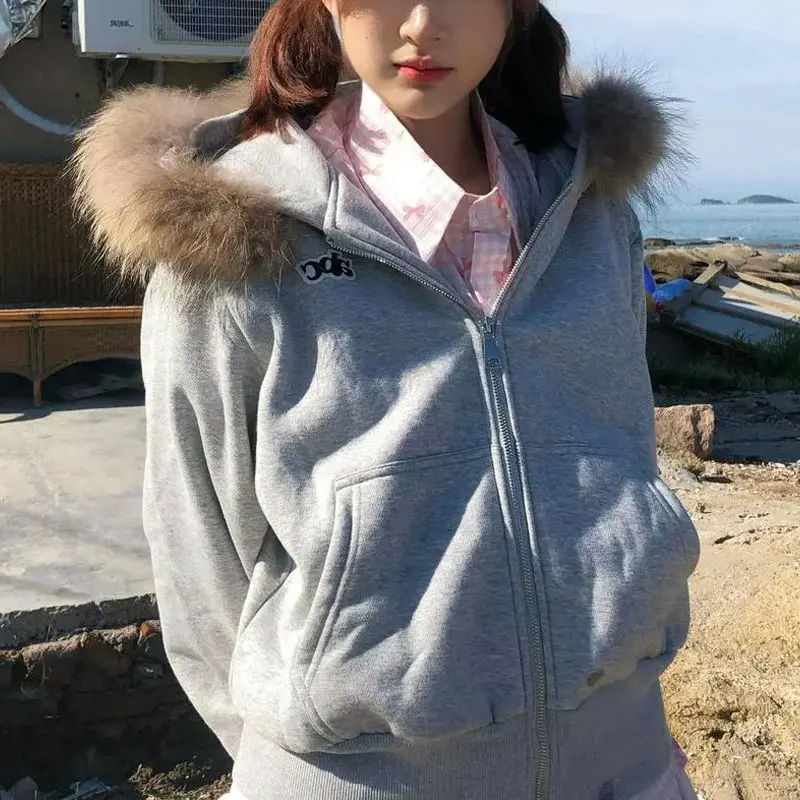 

Casual Hooded Fur Collar Zipper Sweatshirts Autumn Winter Fleece Patchwork Women's Clothing Fashion Letter Loose Pockets Hoodies