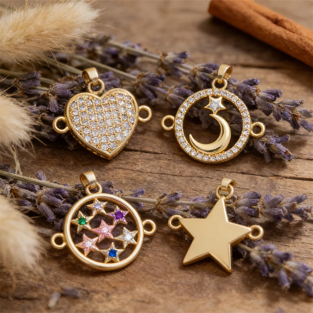 2Pcs Link Connectors Brass Zirconia Moon Star Heart Charms Diy Jewelry Necklace Bracelet Accessories Round Hollow for Women Men