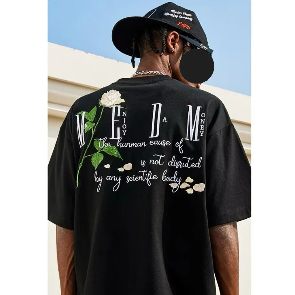 

T-Shirt For Men MEDM Fashion Rose Three-dimensional American Street Short Sleeve Male Summer Loose Couple Tops Unisex Autumn