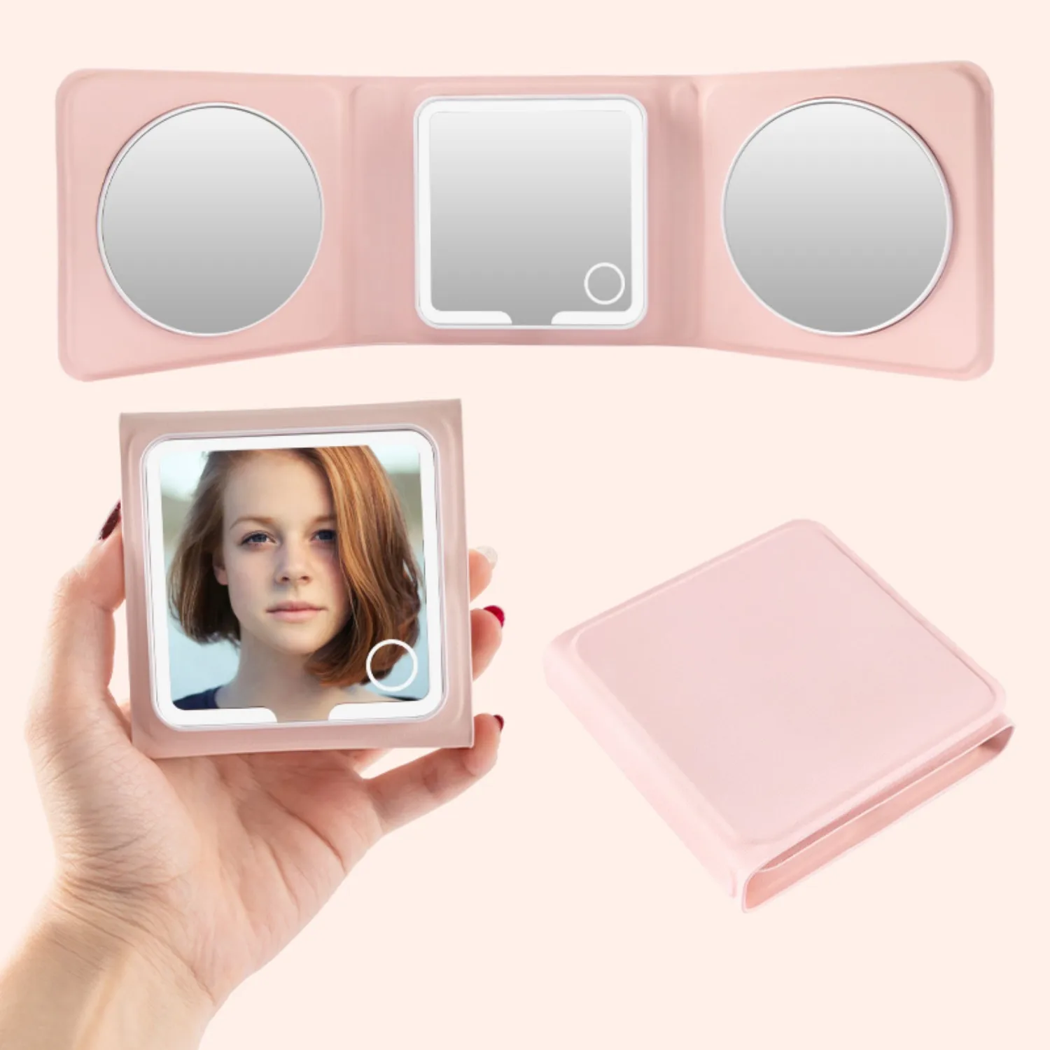 Miroir de maquillage pliable à 3 voies – grossissement 5X/plaux/10X, gradation LED tactile, miroir de courtoisie portable étanche en PU rechargeable