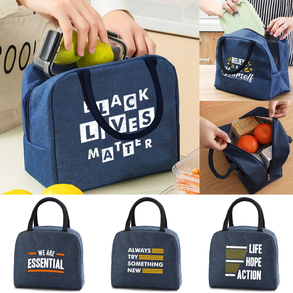 

Lunch Bag Insulated Cooler Bags Kids Food Thermal Lunch Box Women Picnic Storage Canvas Tote Pack Phrase Print Handbag Organizer