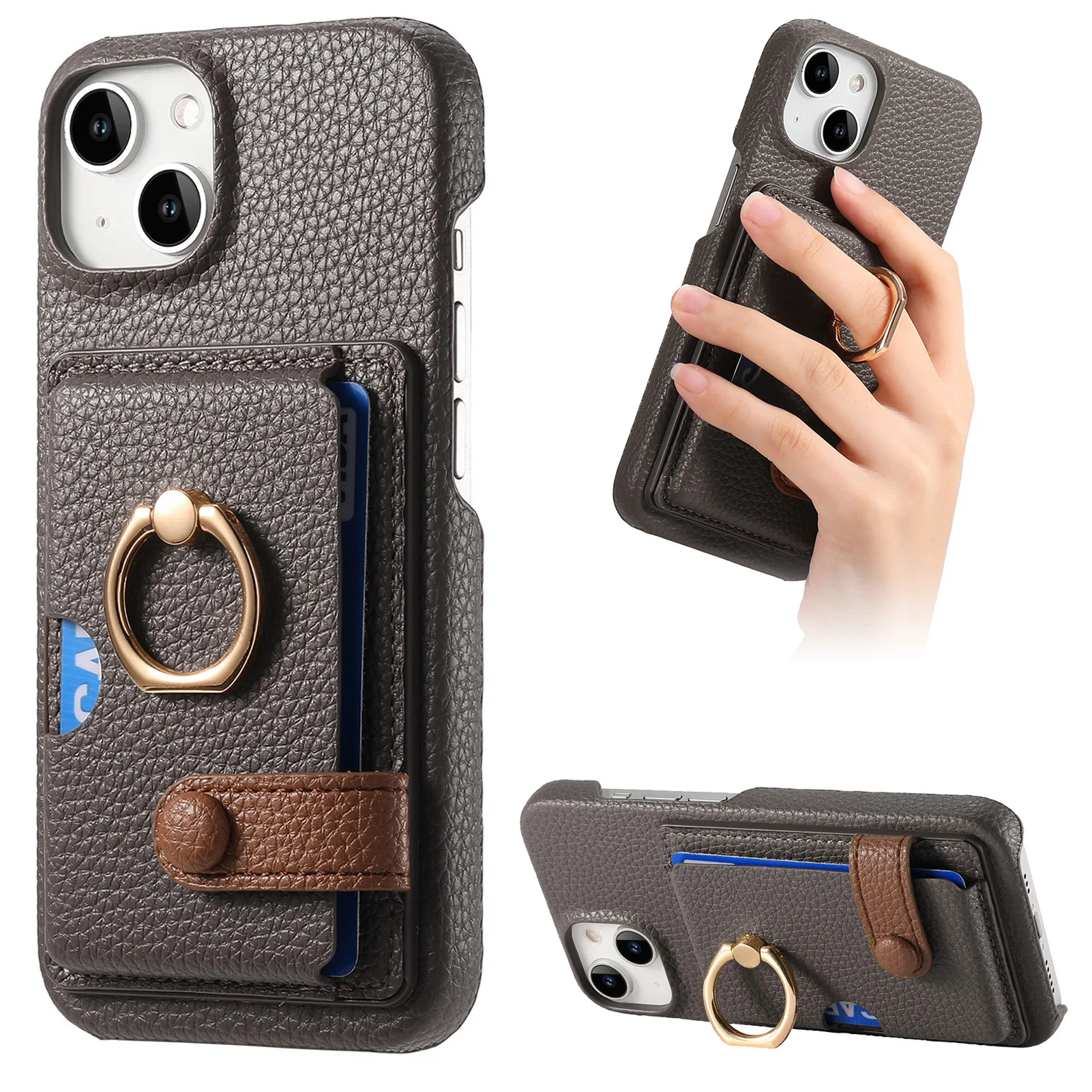 Leather Ring Support Phone Case for IPhone 17 Air 16E 18 16 15 14 13 12 11 Pro Max Plus Wallet with Card Holder Shockproof Cover