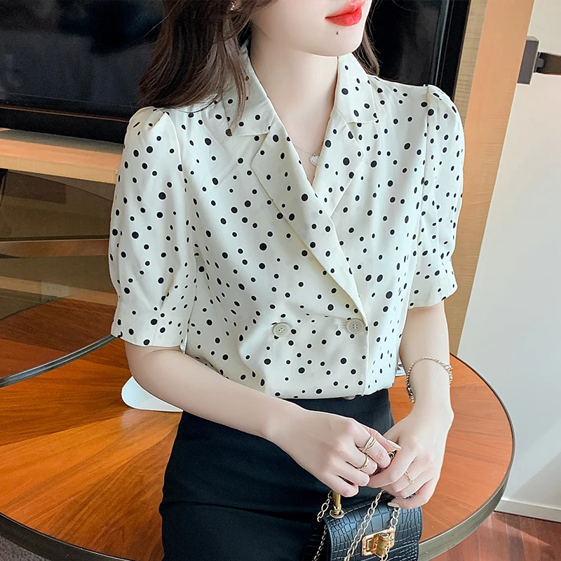 Korte Mouw Turn Down Kraag Vrouwen Shirt Dot Casual Chiffon Shirt Blouse Vrouwen Tops Blusas Mujer De Moda 2024 Verano J460