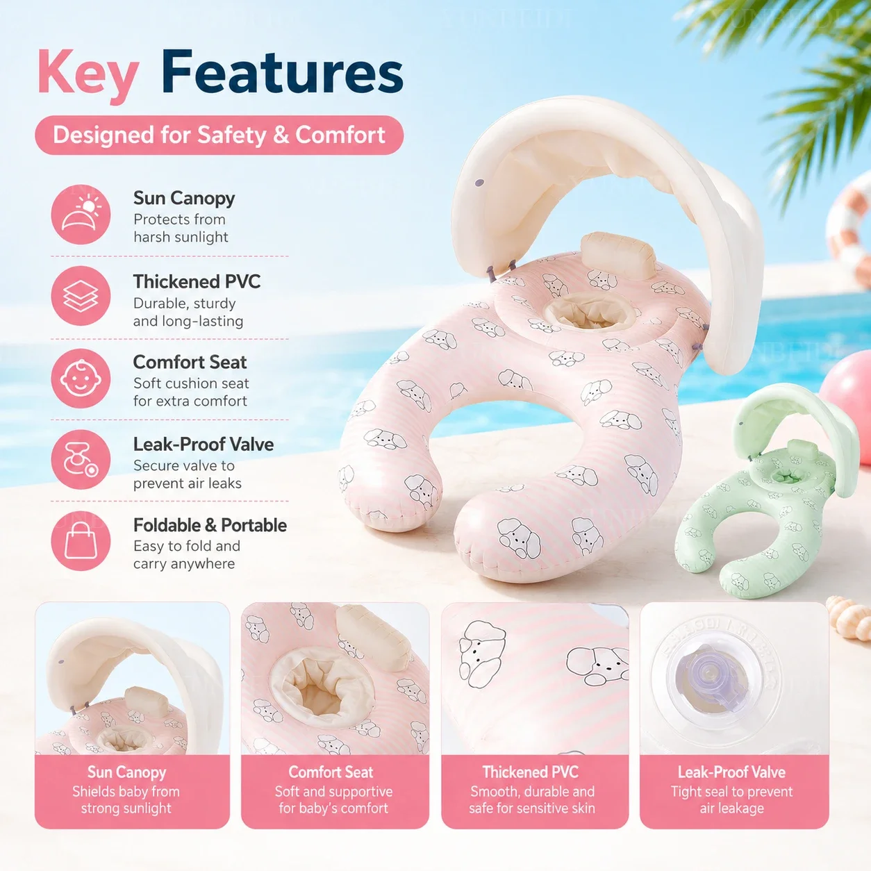 Mother and Child Swimming Ring with Shade Tent Double Seat Inflatable Baby Swimming Ring Family Pool Special PVC Material view 3