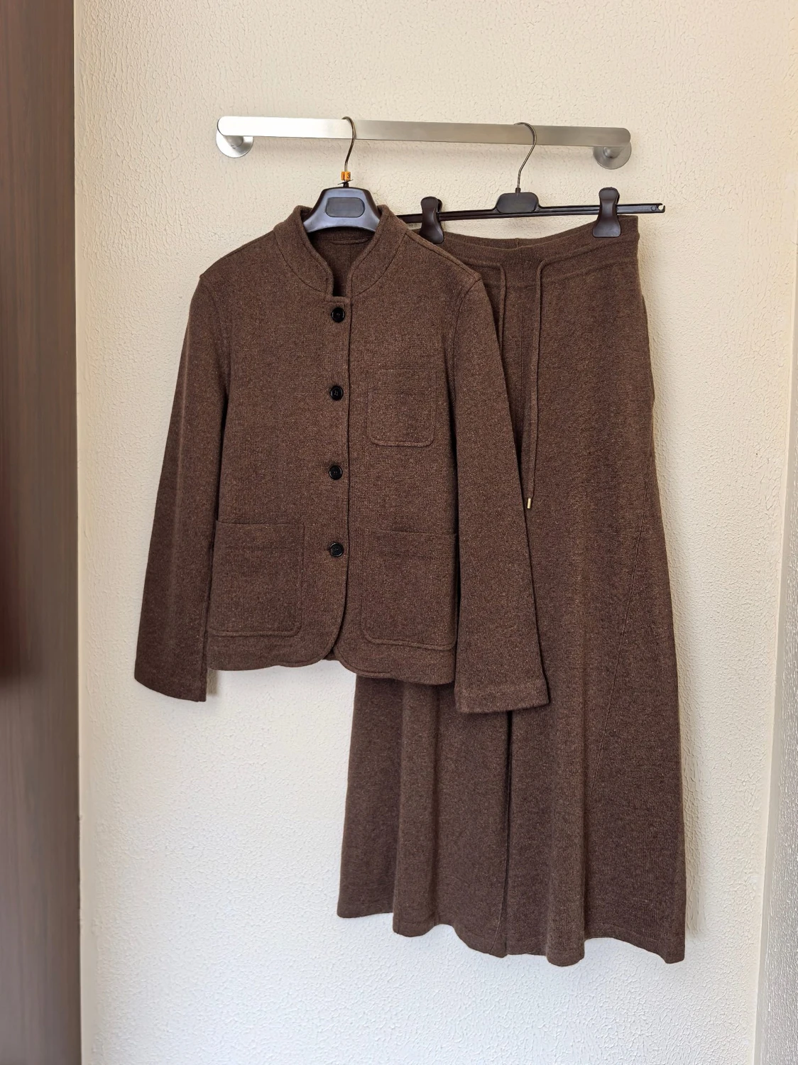 Women's Brown Wool Knit Set for Autumn/Winter: Stand-Collar Jacket and Wide-Leg Trousers