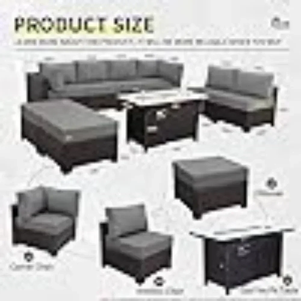 9 Pieces Wicker Patio Furniture Set Outdoor PE Rattan Sectional Conversation Sofa Set with Grey Cushions and Storage Table