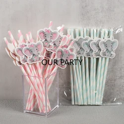 20Pc Cartoon Elephant Paper Straws Gender Reveal Theme Disposable Juice Drinking Straw for Kids Birthday Baby Shower Party Decor