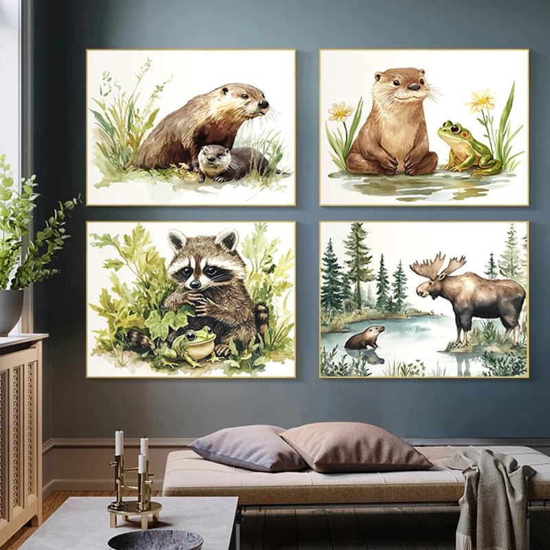 Forest Animal Rabbit Turtle Squirrel Cartoon Illustration Posters Prints Canvas Painting Wall Art Picture Living Room Home Decor