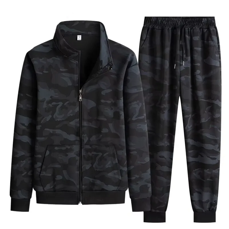 Men's Workwear Camouflage Zipper Jacket And Pants Set Autumn Spring Leisure Stand Collar Wear Resistant Long Trousers Two Pie...