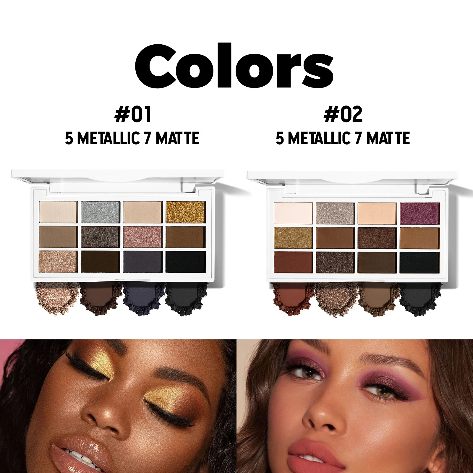 12-color eyeshadow palette, coffee brown & nude metallic tones, matte glitter & metallic finish, smoky makeup, party & stage