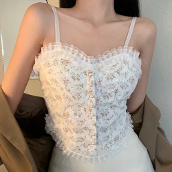 Women Vintage Camisole Summer Floral Chic Korean Girls Single-breasted Pearl Button Lace Crop Top Camisoles For Women Streetwear