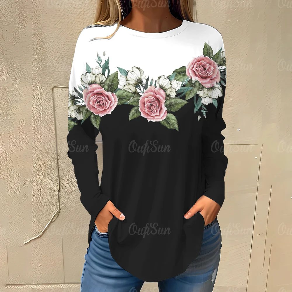 Womens Fashion Floral T-Shirt Black White Long Sleeve Shirt Loose Casual Streetwear Tops Trendy Ladies Fashion Rules Print Tops