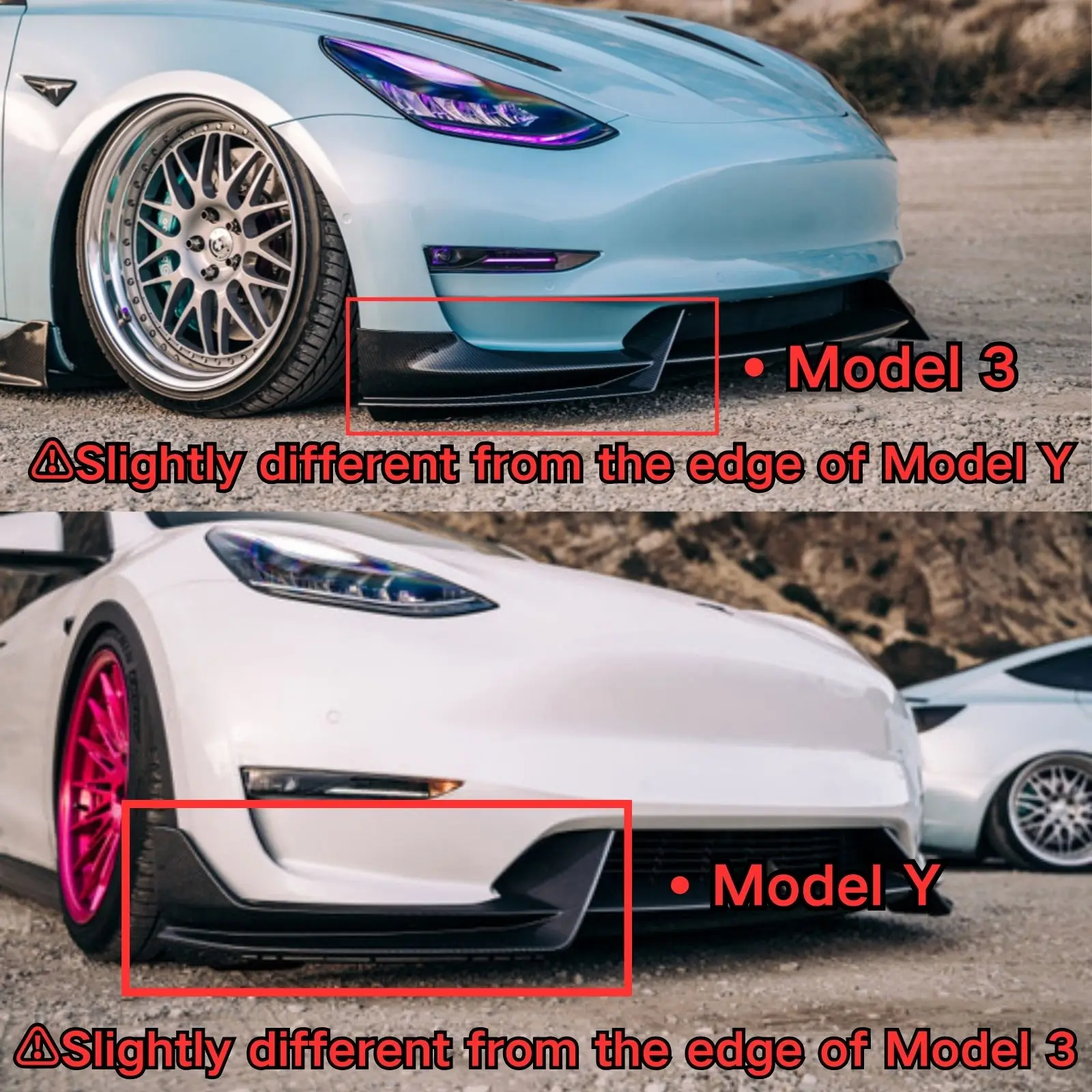 For Tesla Model 3/Y 2017-2023 3Pcs Front Bumper Lip Spoiler Splitter Diffuser Trim BodyKit Accessories Glossy Black Carbon Fiber