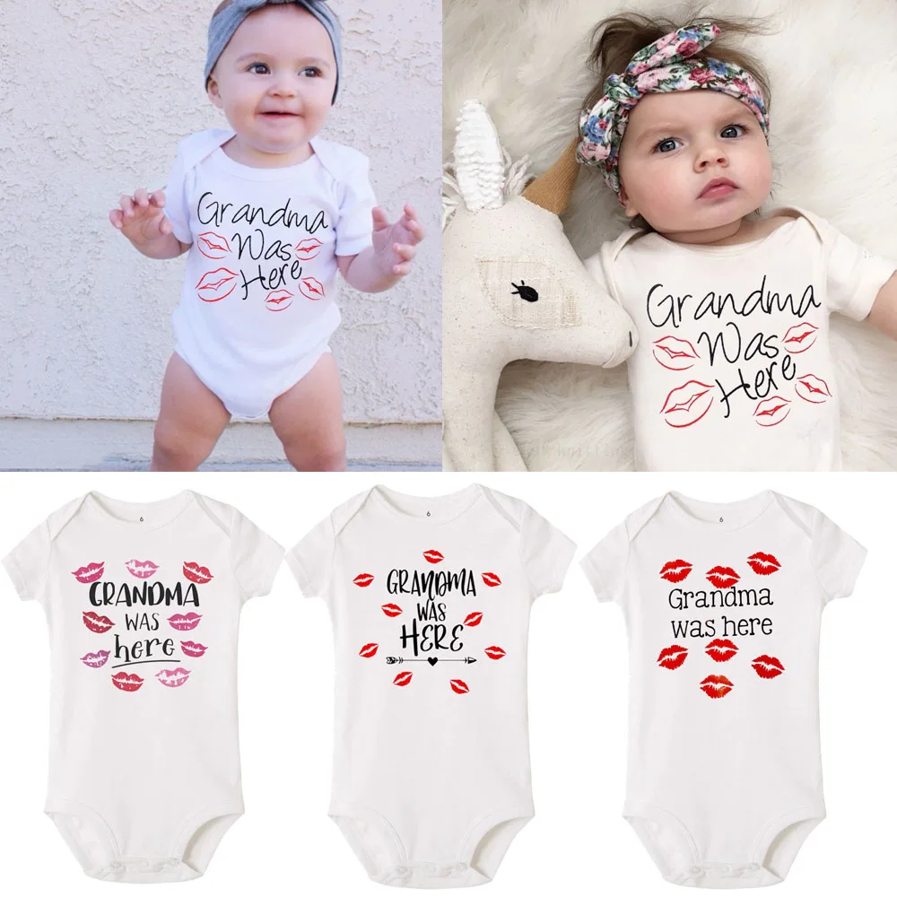 Newborn Baby Boy Girl Short Sleeve Letter Print Grandma Was Here Red Kiss Picture Romper Baby Jumpsuit Clothes Toddler