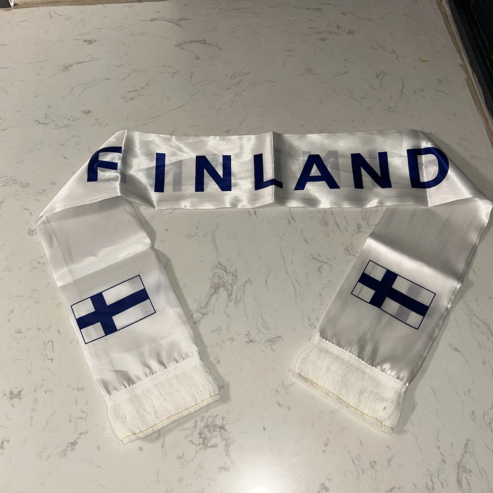 (SKY FLAG)Finland Scarf 14x135cm Double-sided printed Satin Finland Flag Scarf Tassels Suitable for Football cup, Sports, Events